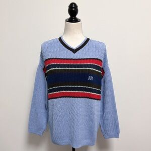 BDG Urban Outfitter Blue Red Brown Varsity Stripe Carter V Neck Oversize Sweater